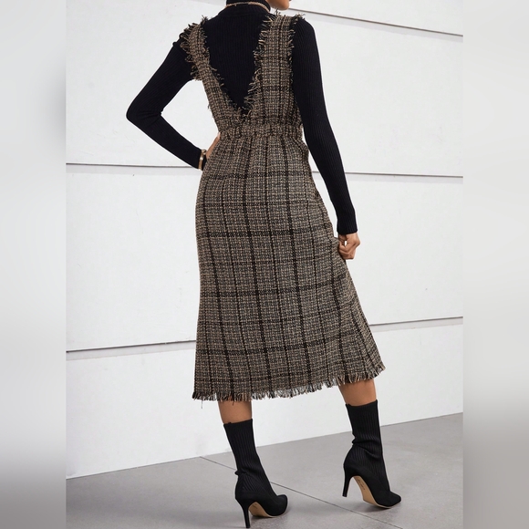 Plaid Print Raw Trim Overall Dress Without Belt - Picture 4 of 4